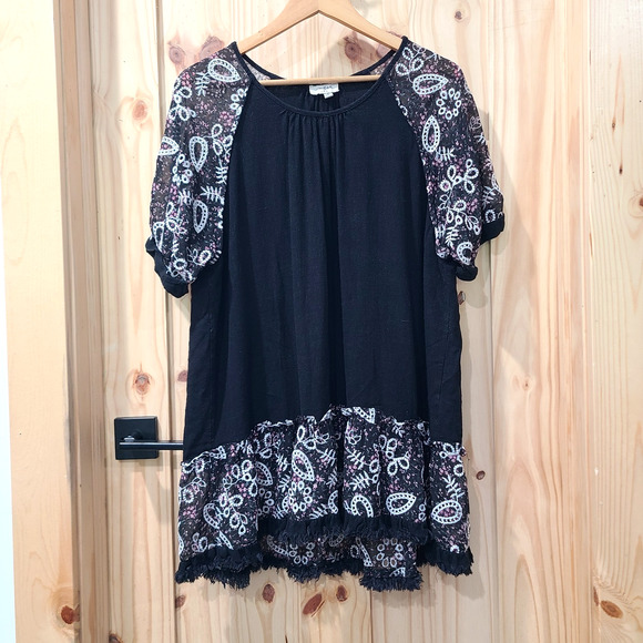 Umgee Black Linen Tunic Dress Sheer Embroidered Contrast Trim Relaxed Boho SM - Picture 1 of 9